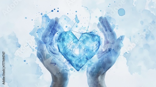 Blue heart network in watercolor style hands, a fusion of health data visualization and digital love exchange photo