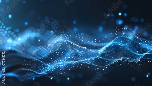 Abstract digital background with blue glowing lines and dots on dark background for technology, science or network concept banner. © Alex