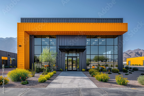 Photograph of an industrial building in Arizona with modern architecture, exterior shot of the entrance to the warehouse with a yellow and black color scheme. Created with Ai
