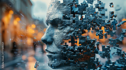 A 3D model depicting a European businessmans head fragmenting into puzzle pieces symbolizing a mental breakdown photo