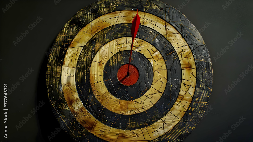 The photo shows a bullseye hit by an arrow, set against a black background for contrast - obrazy, fototapety, plakaty 