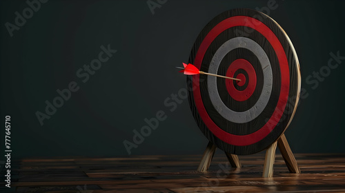 The arrow is carefully stuck into this ten, indicating the accuracy of the hit. You can see a bright round target in the background, with clearly defined rings showing the different zones for assessin photo
