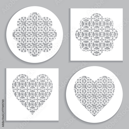 Templates for laser cutting, plotter cutting, printing. Heart and flower shape line pattern. Geometric design cut out of paper. Mandala die cut ornament. Fretwork panels, cutout silhouette stencils