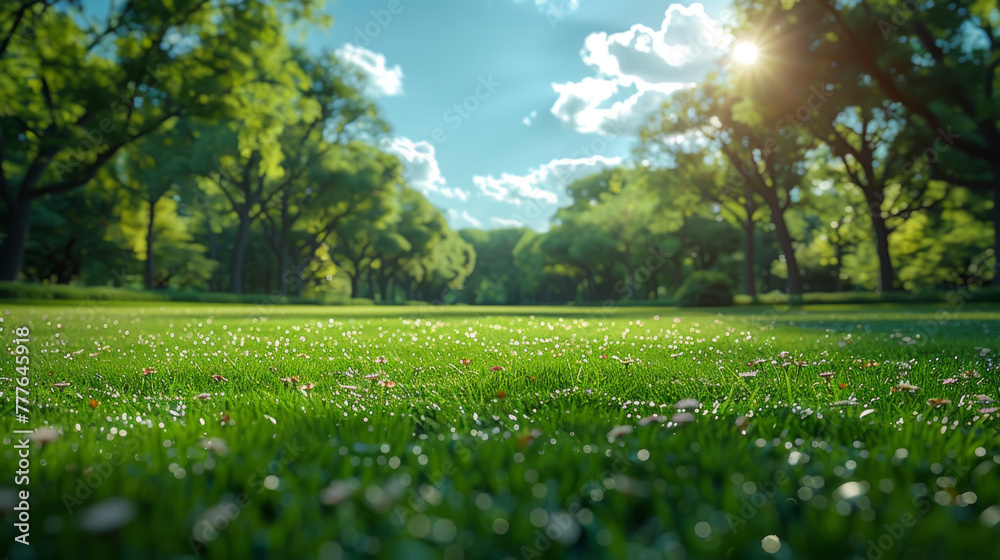 Fototapeta premium Beautiful blurred background image of spring nature with a neatly trimmed lawn surrounded by trees against a blue sky with clouds on a bright sunny day.