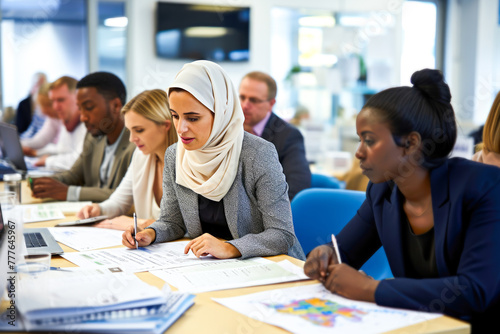 Diverse office employees, muslim woman in hijab, african american female, collaborating in a multicultural international environment. Concept of teamwork in corporate open space setting