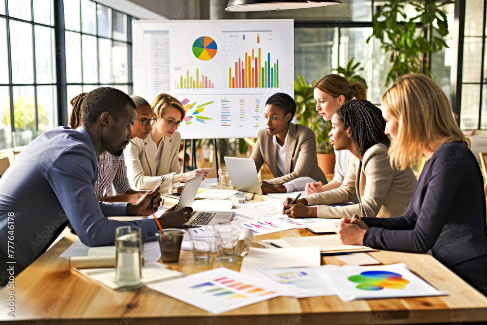 Group of diverse business professionals in a collaborative meeting analyzing corporate growth strategies with financial data and charts in a modern office setting. Concept of International teamwork Group of diverse business professionals in a collaborative meeting analyzing corporate growth strategies with financial data and charts in a modern office setting. Concept of International teamwork