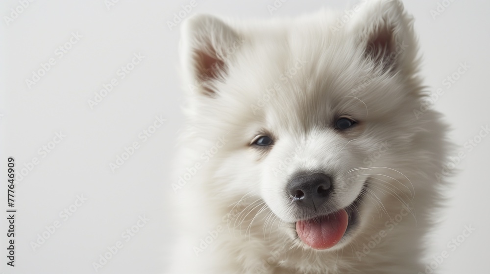 Portrait of Happy smiling Samoyed Dog isolated on white background, front view, copy space.