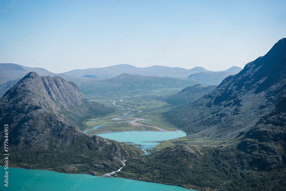 Besseggen ridge over blue Gjende lake in Jotunheimen National Park, Norway