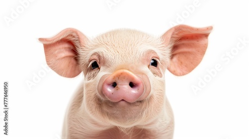 Portrait of a cute happy pig isolated on white background, concept of happy farm, healthy life, funny animal portrait on white background.