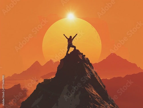 A climber reaching the summit of a daunting mountain peak  arms raised in triumph against the backdrop of a rising sun  representing the achievement and personal growth from facing great challenges.