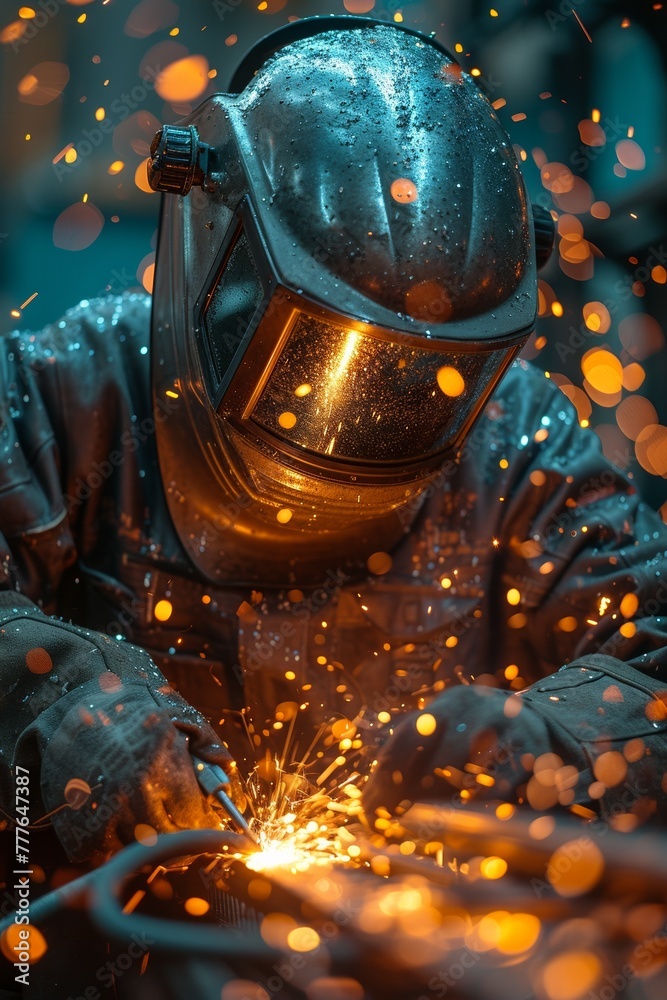 In an industrial setting, steelworkers weld with safety gear, sparks flying in the factory. - obrazy, fototapety, plakaty 