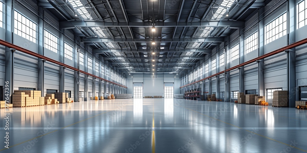 Empty industrial warehouse with modern architecture, steel structure, and clean interior, ready for business operations. Empty industrial warehouse with modern architecture, steel structure, and clean interior, ready for business operations.