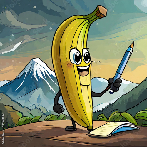 Banana character on a field trip outdoors photo