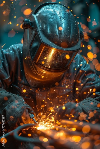 In an industrial setting, steelworkers weld with safety gear, sparks flying in the factory.