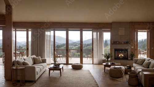 Modern design of a bright living room with a large window. Cozy living room with sofa, plants, home furnishings