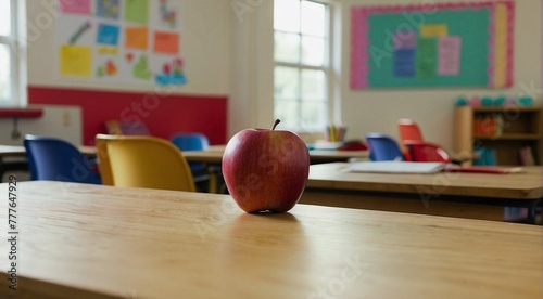 Dia del maestro, concepto de fondo, Manzana sobre el escritorio de un salon de clases