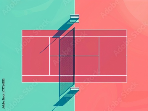 Flat design of a tennis court, clean lines depicting the games layout, on a tranquil pastel backdrop.