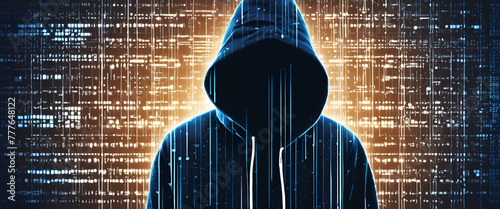 A hacker in a black hoodie with their face covered is sitting at a laptop, surrounded by glowing digital code and numbers. generative ai