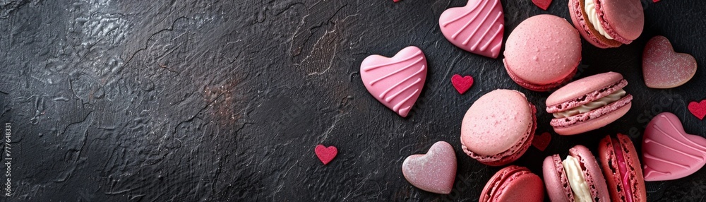 Overhead shot of a baking corner border, featuring heart shaped cookies and pink macarons on a dark stone background, Baked with Love inscribed in the copy space. Overhead shot of a baking corner border, featuring heart shaped cookies and pink macarons on a dark stone background, Baked with Love inscribed in the copy space.