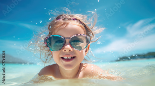 Long range photo of Little girl with sunglasses and inflatable ring in sea on sunny day. Beach holiday, summer. Realistic photo, high detailed