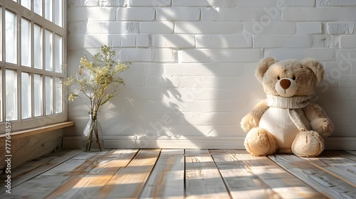 Modern minimalistic baby room, neutral colors, toy bear