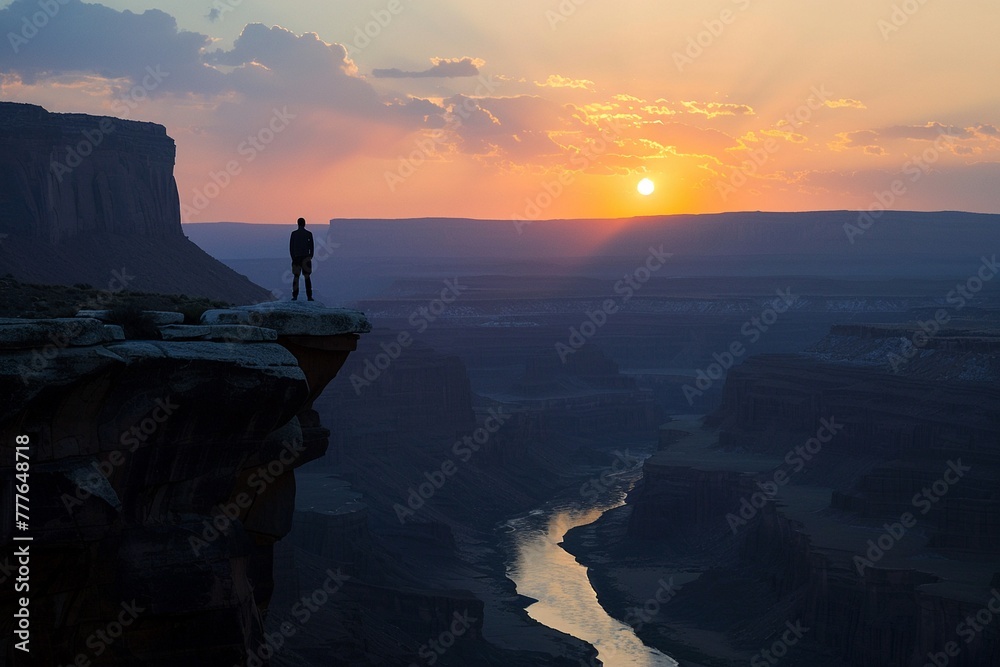 Silhouette of a person standing before a vast canyon, preparing to bridge the gap, embodying determination.
