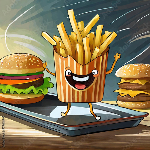 Fries character smiling brightly on the tray
