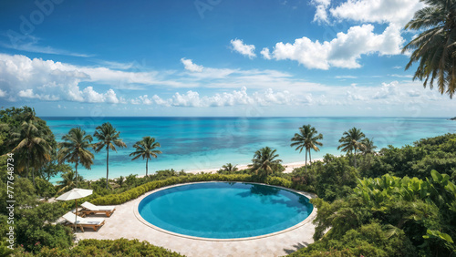Luxurious Villa with Infinity Pool Overlooking Serene Ocean Beach. Luxury panoramic sea view. © Sea Wave