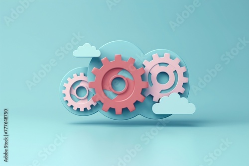 Straightforward icon of a cloud with gears, symbolizing interconnected cloud services, on a soothing solid color setting.