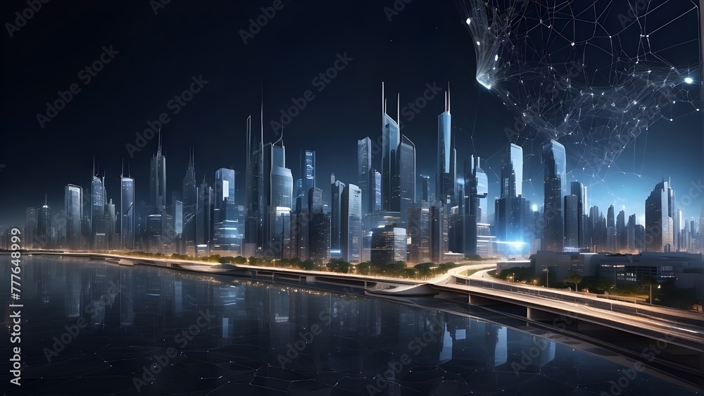 A modern metropolis with a network concept at night. blend of media.