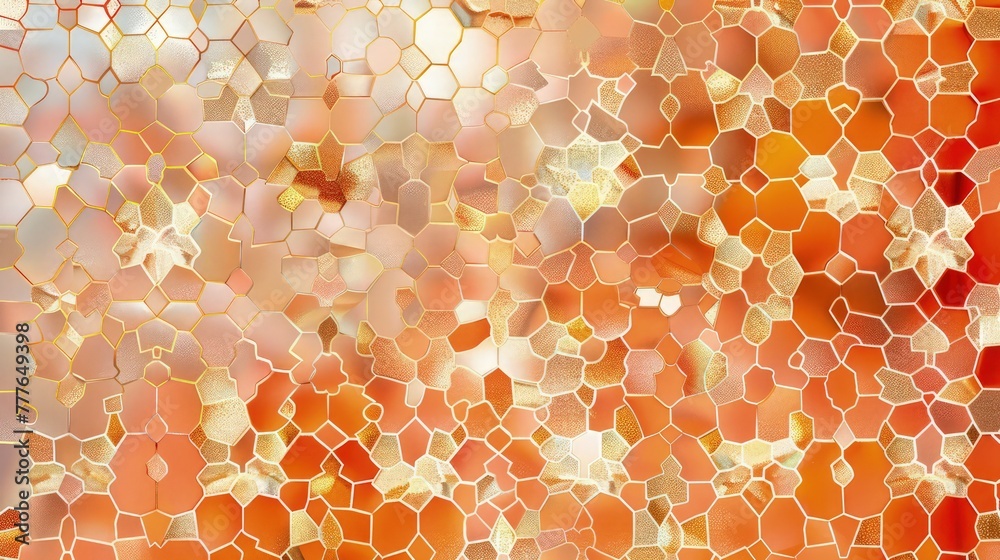  tile pattern in an abstract geometric style, combining vivid orange, shimmering gold, and crisp white for a premium wallpaper texture. - obrazy, fototapety, plakaty 