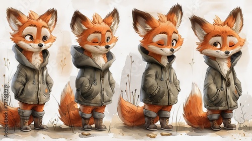 A collection of five cute modern foxes