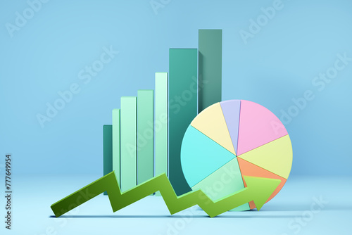 3D financial performance bar and pie charts, arrows results - growth photo