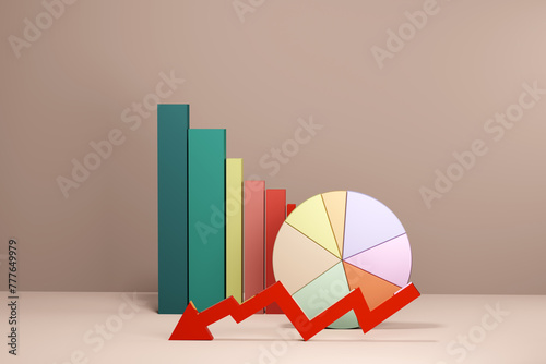 3D financial performance bar and pie charts, arrows results  - decline