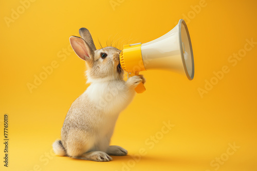 A  cute easter bunny with a megaphone. Promotion, action, holiday, ad. Business discount concept, communication, information, news. Generative AI