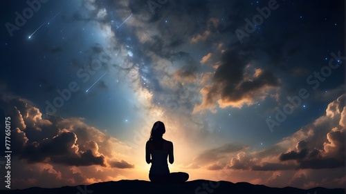 silhouette of a woman in prayer set against a gorgeous cloudscape and starry night sky. Worship