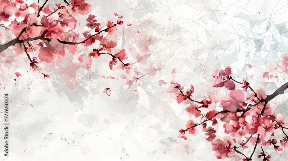 Cherry blossoms in geometric patterns, minimalist holiday design on white, space for messages