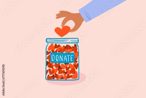 Donation jar with money with hearts, minimal illustration