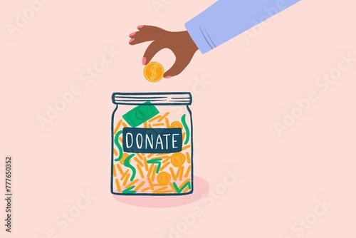 Donation jar with money, minimal illustration photo