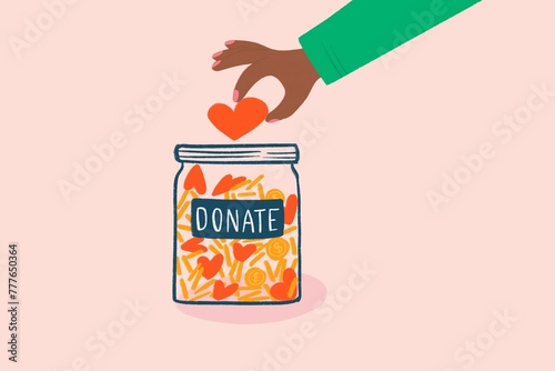 Donation jar with money, minimal illustration