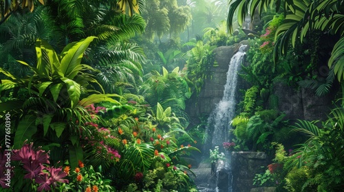 A lush tropical rainforest view, with dense vegetation, vibrant flowers, and a cascading waterfall hidden among the greenery.