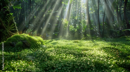 A lush forest background with rays of sunshine piercing through the canopy, creating a natural spotlight on a bed of soft, green moss. 