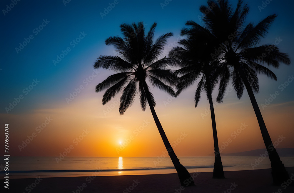 Illustration of a silhouette of palm trees against the backdrop of a golden sunset on a tropical sea beach. Traveling, vacation