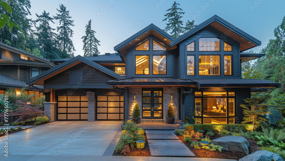 Naklejka premium Photo of a large modern house in Vancouver, with elegant architecture featuring stone and wood details, and a dark grey color theme. Created with Ai