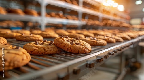 Chocolate chip cookies on a conveyor belt in a bakery factory