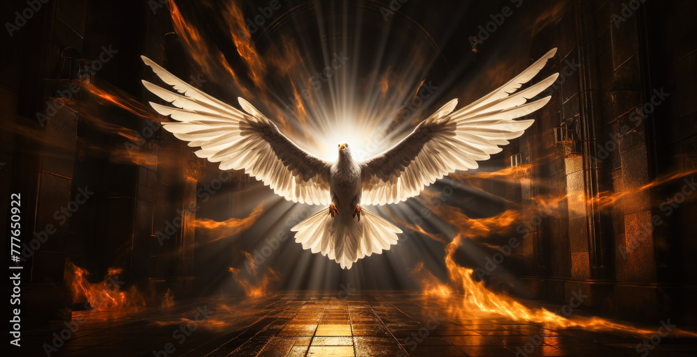 A radiant dove with outstretched wings illuminated by divine light in a dark corridor, symbolizing hope, peace, the Holy Spirit, and spiritual awakening - obrazy, fototapety, plakaty 