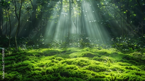 A lush forest background with rays of sunshine piercing through the canopy, creating a natural spotlight on a bed of soft, green moss. 
