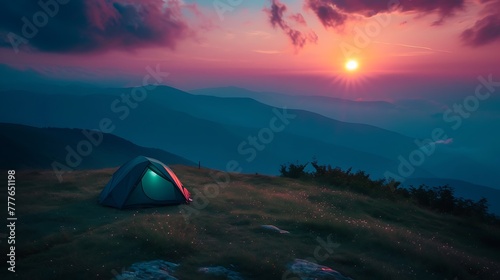 a visual representation of a tent at dusk on a mountain peak, where the sun's last rays cast a stunning glow over the horizon attractive look