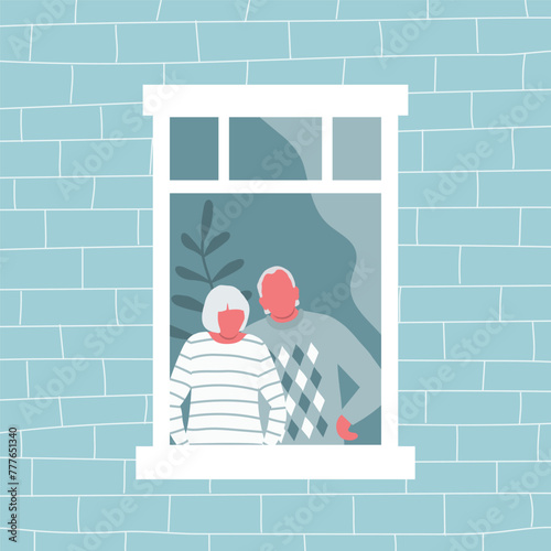 Couple of elderly people are standing at the open window. Senior woman and senior man are looking out the window from their apartment. No face people. View from the street side. Vector illustration