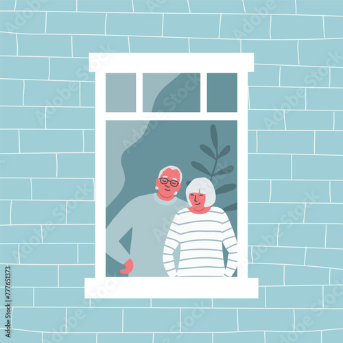 Couple of elderly people are standing at the open window. Senior woman and senior man are looking out the window from their apartment. View from the street side. Flat style. Vector illustration